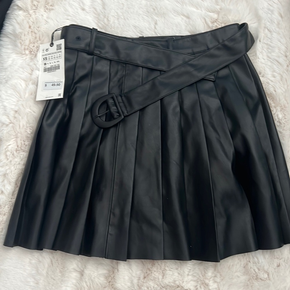 Zara Pleater Leather Skirt with Belt NWT